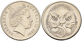Австралия 5 центов 2001 Елизавета II (1952-2022), ехидна KM 401 медно-никель UNC 4588-1025