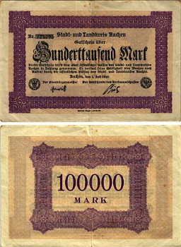 ААХЕН 100000 МАРОК 1923 НОТГЕЛЬД, 1 ИЮЛЯ 1923, ЗЕМЛЯ СЕВЕРНЫЙ РЕЙН-ВЕСТФАЛИЯ Keller 1a бумага 8518-55-2