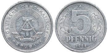 ГДР 5 ПФЕННИГОВ 1988 А алюминий 62-546