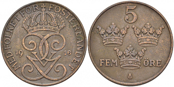 Швеция 5 эре 1916 Густав V (1907-1950) KM 779.2 бронза 175-1024