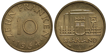 Саарланд 10 франков 1954 индустрия KM 1 алюминиевая бронза 186-942