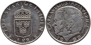 Швеция 1 крона 1999 Карл XVI Густав (1973- ) KM 852a медно-никель 4385-421