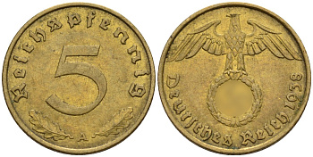 Германия 5 рейхспфеннигов 1938 A KM 91, J. 363 алюминиевая бронза 4151-823