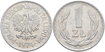 Польша 1 злотый 1974 MW KM 49.1, Parchimowicz 213k алюминий 3856-213