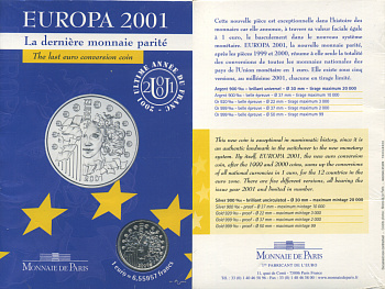 Франция 1 евро = 6,55957 франков 2001 в оригинальном картонном буклете, в запайке KM 1265.1 серебро BUNC 7-4-1-19