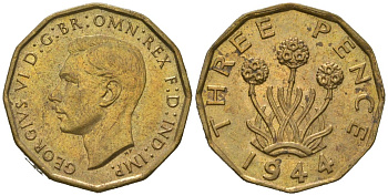 Великобритания 3 пенса 1944 Георг VI (1936-1952) KM 849, Spink 4112 никель латунь UNC 4163-642