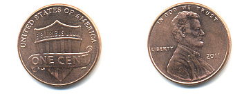 США 1 ЦЕНТ 2011 ЛИНКОЛЬН, ЩИТ KM 469 цинк плакированный медью 86-362