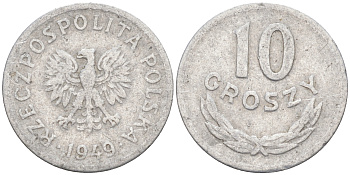 ПОЛЬША 10 ГРОШЕЙ 1949 KM 42а алюминий 187-911