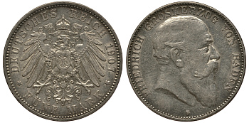 Баден 5 марок 1907 G, Фридрих I (1856-1907) Weege 31, J. 33, KM 274 серебро    3711-1615