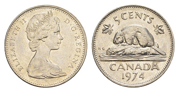 Канада 5 центов 1974 Елизавета II (1952-2022), бобр KM 60.1 никель 4636-569