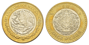 Мексика 10 песо 2023 Мо, бог Тонатиуха с огненной маской KM 616 биметалл UNC 4637-742