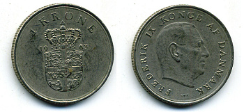 ДАНИЯ 1 КРОНА 1963 C; S, ФРЕДЕРИК IX (1947-1972) KM 851.1 медно-никель 56-347