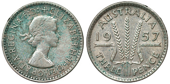 Австралия 3 пенса 1957 m, Елизавета II (1952-2022) KM 57 серебро 71-513