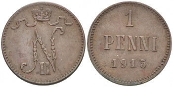РОССИЯ ДЛЯ ФИНЛЯНДИИ 1 ПЕННИ 1915 НИКОЛАЙ II KM 13, Биткин 475 медь 261-1155