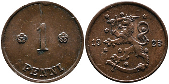ФИНЛЯНДИЯ 1 ПЕННИ 1923 KM 23 медь 4387-369