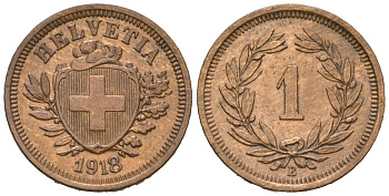 Швейцария 1 раппен 1918 B KM 3 бронза 26-1021