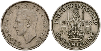 Великобритания 1 шиллинг 1948 Георг VI (1936-1952), Шотландский герб KM 864, Spink 4104 медно-никель 4601-446