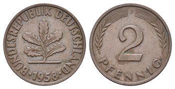 ФРГ 2 пфеннига 1958 J KM 106, J. 381 бронза 4701-531