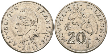 Французская Новая Каледония 20 франков 2013 три быка, (IEOM) KM 12a, Schoen 14a медно-никель 4137-443