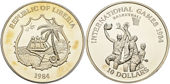 Либерия 10 долларов 1984 международные игры по баскетболу KM X 2 медно-никель PROOF 00-00