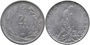 ТУРЦИЯ 2 1/2 ЛИРЫ 1961 KM 893.1 нержавеющая сталь 29-1024