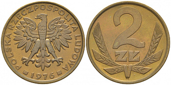 Польша 2 злотых 1976 Ленинградский монетный двор (ЛМД) KM 80.1, Parchimowicz 217b латунь 112-822