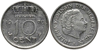 Нидерланды 10 центов 1970 Юлиана (1948-1980) KM 182 никель 112-729