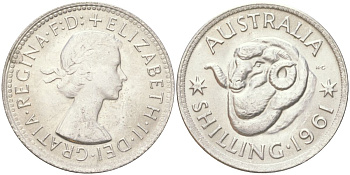 Австралия 1 шиллинг 1960 M, Елизавета II (1952-2022), овца меринос KM 59 серебро 4622-225