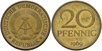 ГДР 20 пфеннигов 1969 A, первый год KM 11 латунь 92-746