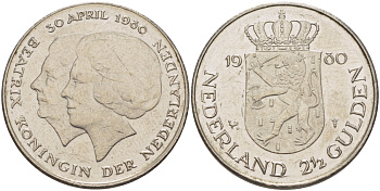 Нидерланды 2 1/2 гульдена 1980 коронация Беатрикс, 30 апреля 1980 KM 201 никель 38-126