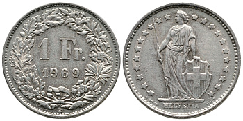 ШВЕЙЦАРИЯ 1 ФРАНК 1969 В KM 24а.1 медно-никель 83-1931