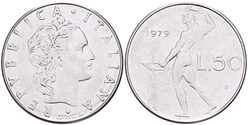 ИТАЛИЯ 50 ЛИР 1979 R, КУЗНЕЦ KM 95.1 нержавеющая сталь 4523-711