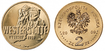 Польша 2 злотых 2009 MW, оборона Вестерплатте в сентябре 1939 года KM 694 латунь UNC M18-08