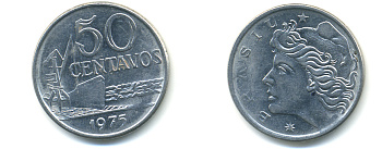 Бразилия 50 сентаво 1975 голова свободы влево KM 580a, Schon 85a нержавеющая сталь UNC 86-1044