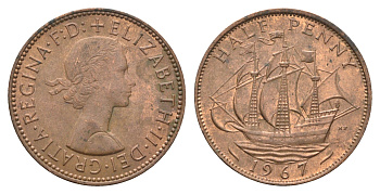 Великобритания 1/2 пенни 1967 Елизавета II (1952-2022) KM 896, Spink 4158 бронза 4663-135