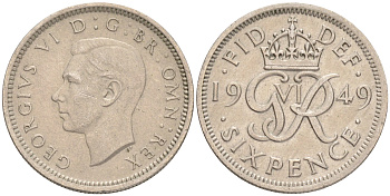 Великобритания 6 пенсов 1949 Георг VI (1936-1952) KM 875, Spink 4110 медно-никель 192-226