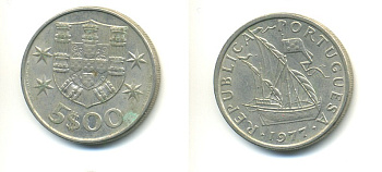 ПОРТУГАЛИЯ 5 ЭСКУДО 1977 ПАРУСНИК KM 591 медно-никель 176-245