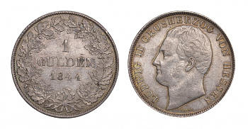 Гессен-Дармштадт 1 гульден 1844 Людвиг II (1830-1848) KM 309, AKS 105, J. 39 серебро 00-805-18