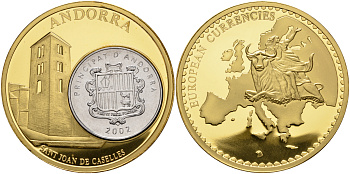 НИДЕРЛАНДЫ МЕДАЛЬ ND МОНЕТА НА МЕДАЛИ, СЕРИЯ ДОЕВРОВЫЕ ЕВРОПЕЙСКИЕ МОНЕТЫ, АНДОРРА 1 САНТИМ 2002 ЧАРЛЬЗ ВЕЛИКИЙ, ЦЕРКОВЬ СВЯТОГО ИОАННА В КАНИЛЛО, ДИАМЕТР 50 ММ. позолота PROOF 1069-4-32