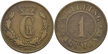 ДАНИЯ 1 СКИЛЛИНГ 1869 КРИСТИАН IX (1863-1906) KM 774 бронза 100-338