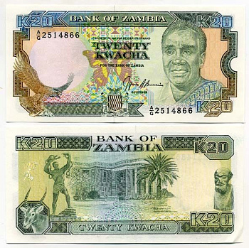 Замбия 20 квач ND (1989-1991) Кеннет Каунда, антилопа, президентский дворец, подпись Bussiere Pick 32 b бумага UNC (пресс) 448-44-2