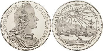 Германия медаль 1978 реплика, Гильдельберг шаугульден 1746 года, курфюрст Карл Теодор, проба 835, вес 14 гр., диаметр 33,5 мм., в оригинальной коробке, с сертификатом, эмитент BFG ( банк общей экономики) серебро PROOF 3-4-3-30