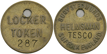 АНГЛИЯ ЖЕТОН, ТОКЕН ND BARY ST. EDMUNDS HELMSMAN TESCO SUFFOLK ENGLAND, LOCKER TOKEN №287 латунь 98-844