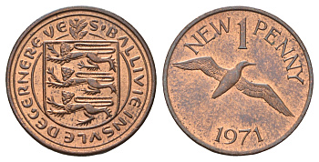 Гернси 1 новый пенни 1971 Елизавета II (1952-2022), северная олуша в полете KM 21 бронза 4682-465