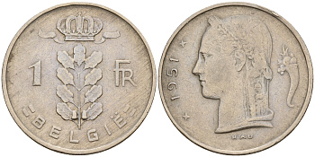 Бельгия 1 франк 1951 Belgie KM 143.1 медно-никель    4187-121