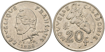 Французская Новая Каледония 20 франков 1986 три быка, (IEOM) KM 12, Schoen 14, Lec 112 никель 4120-1214