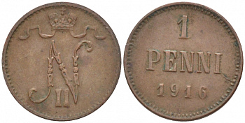 РОССИЯ ДЛЯ ФИНЛЯНДИИ 1 ПЕННИ 1916 НИКОЛАЙ II (1895-1917) KM 13, Биткин 476 медь 211-1061