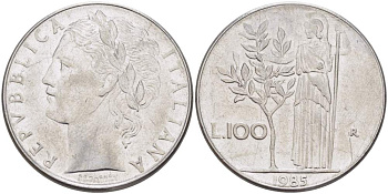 ИТАЛИЯ 100 ЛИР 1985 R, АФИНА, ДИАМЕТР 28 ММ. KM 96.1 нержавеющая сталь 4531-116