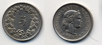 ШВЕЙЦАРИЯ 5 РАППЕНОВ 1963 KM 26 медно-никель 54-546