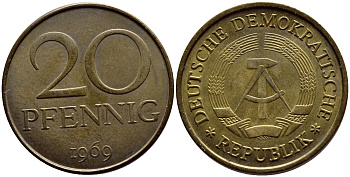 ГДР 20 пфеннигов 1969 А, первый год KM 11 латунь UNC 4395-624